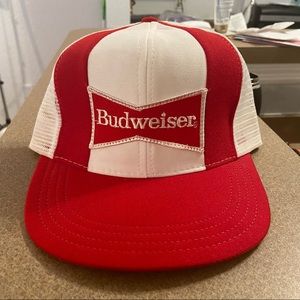 Budweiser Mens Trucker Hat Retro Snap Back Mesh Back Red White One Size Vintage